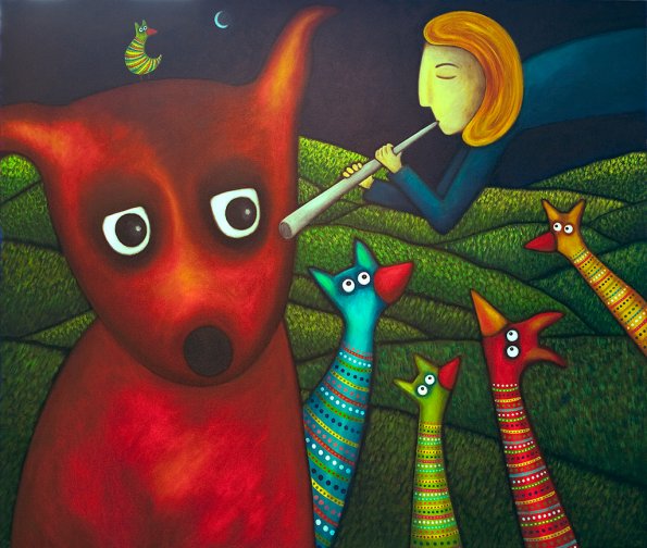 Red dog, Boy and Birds