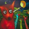 View the image: Red dog, Boy and Birds
